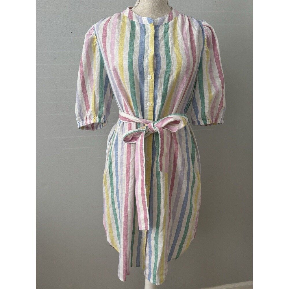 NEW Gap Linen-Cotton Puff-Sleeve Mini Shirtdress Rainbow Stripe Size Medium